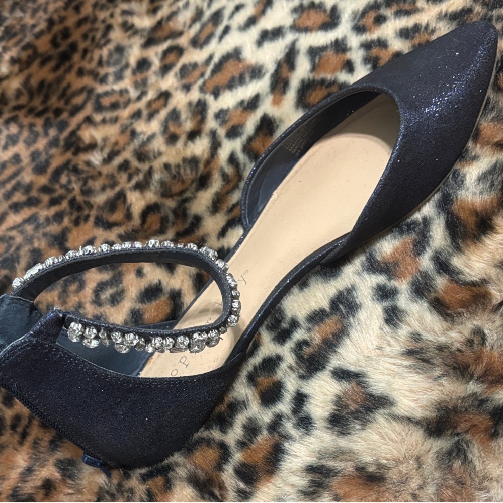 Copper Key Black Glitter Flats with Rhinestone Strap